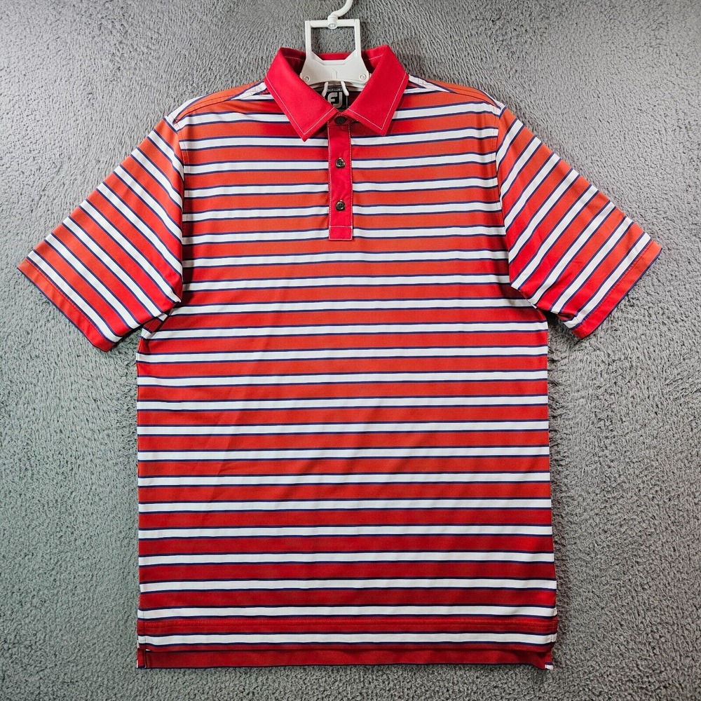 FJ Footjoy Polo Shirt Men Short Sleeve Orange Red Striped Stretch Performance L